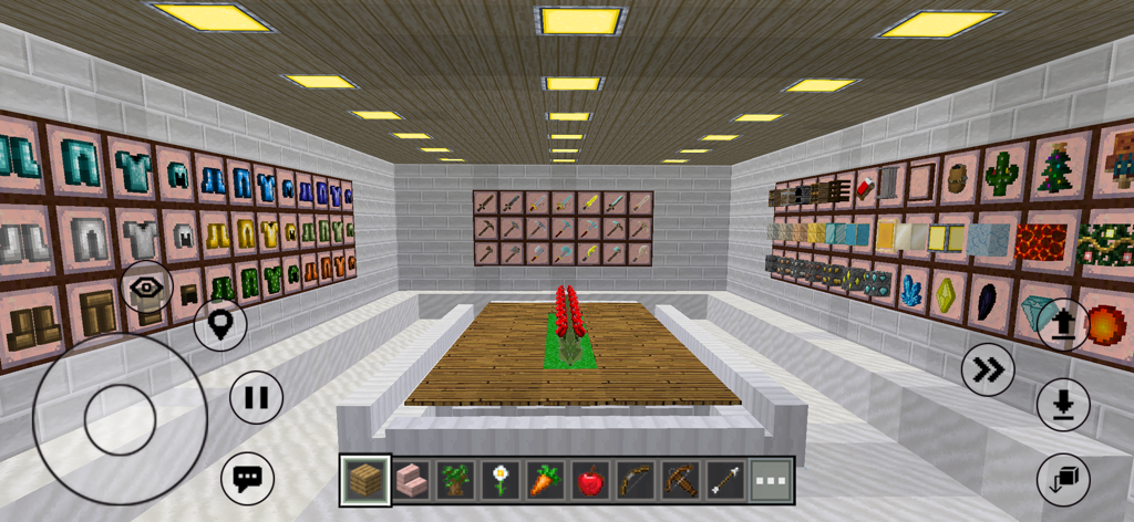 Mini Block City Craft - An interior room in a block building game showing walls covered with armor and weapon item frames
