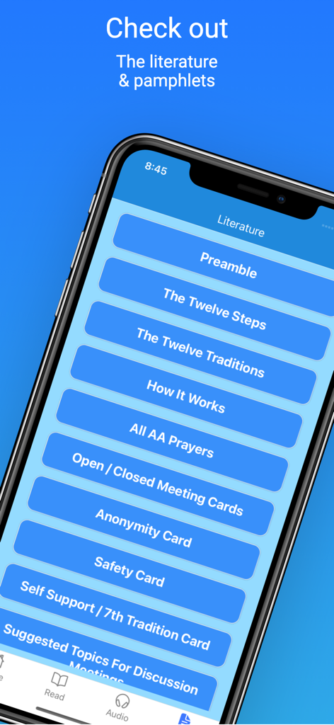 Smartphone screen of the Everything AA app literature menu listing recovery pamphlets and cards