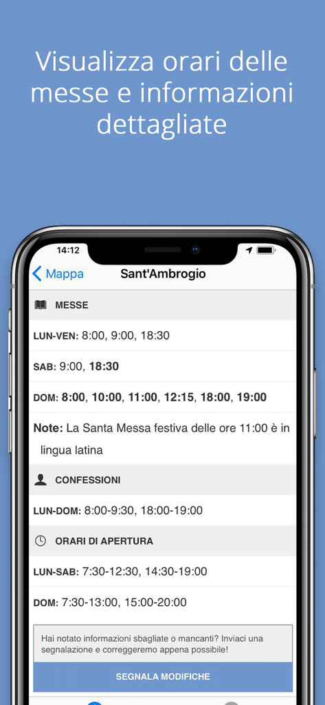 DinDonDan - Interfaccia dell'app mobile DinDonDan che mostra gli orari delle messe cattoliche e gli orari delle confessioni per una chiesa