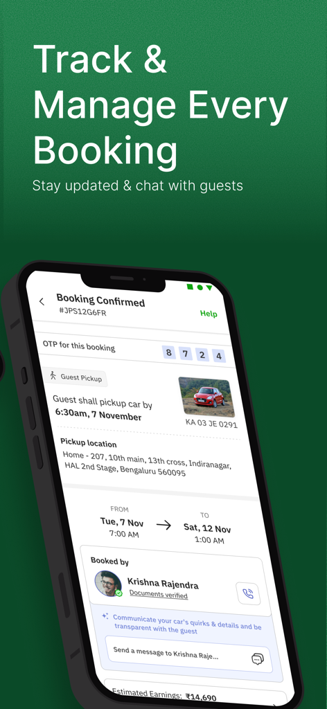 Interfaz de la aplicación móvil Zoomcar para que los anfitriones realicen un seguimiento y gestionen las reservas de alquiler de coches, incluida la verificación de invitados y la información de ingresos
