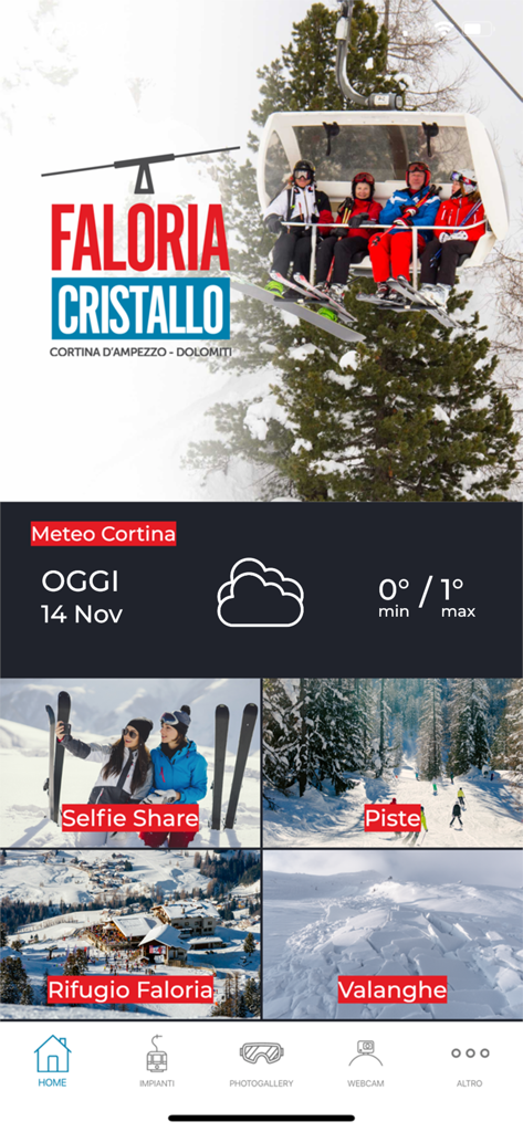 Schermata principale dell'app Cortina Faloria Cristallo con aggiornamenti meteo, stato piste da sci e informazioni sulla sicurezza in montagna.