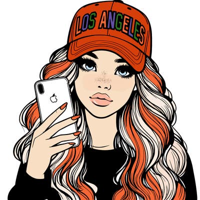 realistic beautiful girl wearing los ángeles cap holding an iphone