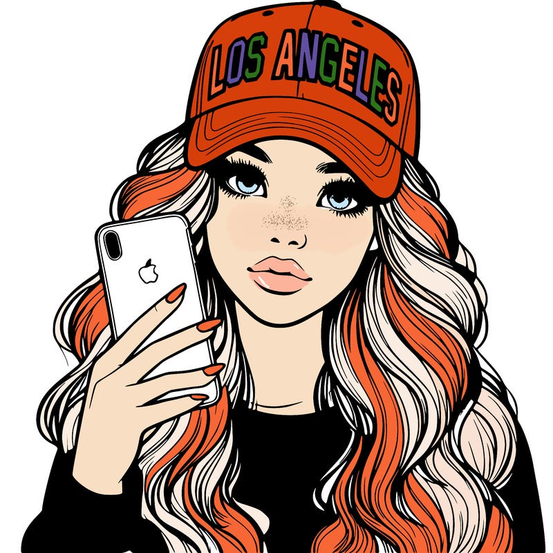 realistic beautiful girl wearing los ángeles cap holding an iphone