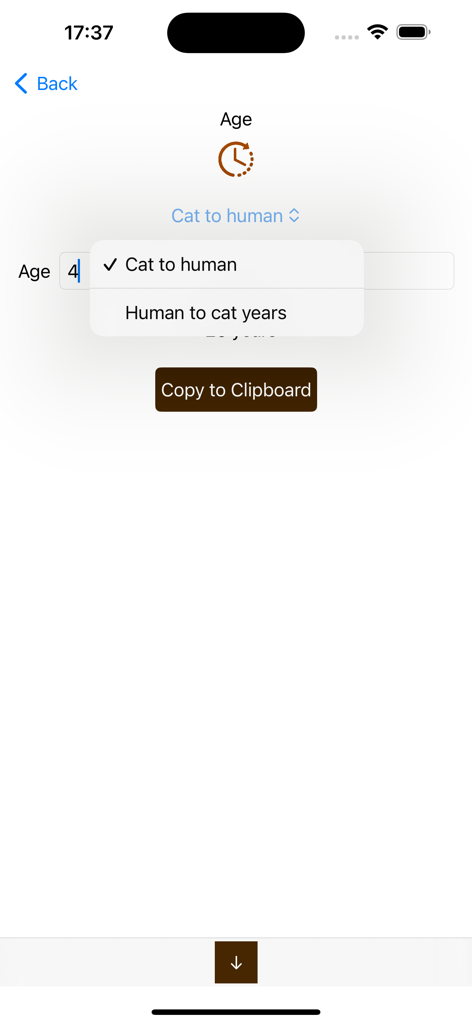 Interface of the cat age calculator showing options to convert cat to human years