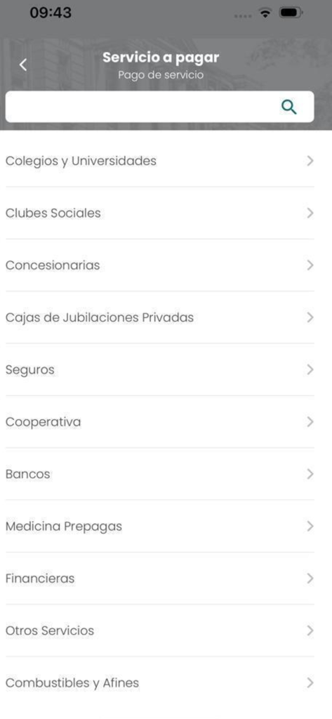 BNF Móvil - BNF Movil app screen showing various bill payment categories for services in Paraguay like schools insurance and banks