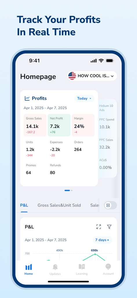 Helium 10 - Página principal de la aplicación móvil Helium 10 que muestra ventas de Amazon en tiempo real, beneficios netos y métricas de margen de beneficio en un panel.
