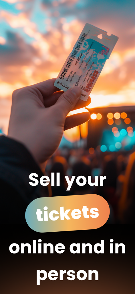 Talonarium - Una persona sosteniendo una entrada física para un evento durante el atardecer con un texto superpuesto sobre la venta de entradas online y en persona.