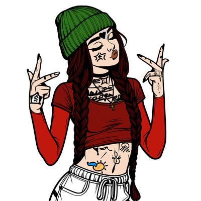 realistic teenage girl with braids and a beanie and crop top doing 🫶🏼