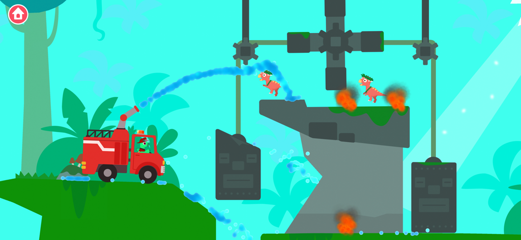 A dinosaur driving a red fire engine spraying water to put out fires in a colorful jungle setting.