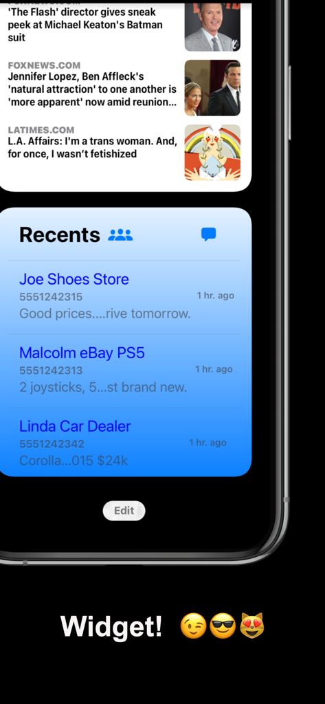 Widget iOS di DirectChat Messenger che visualizza un elenco di contatti temporanei recenti con nomi e note personalizzati.