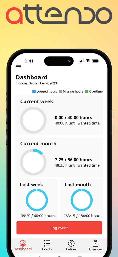 The Attendo Mobile app dashboard showing summary charts for logged work hours and overtime on an iPhone