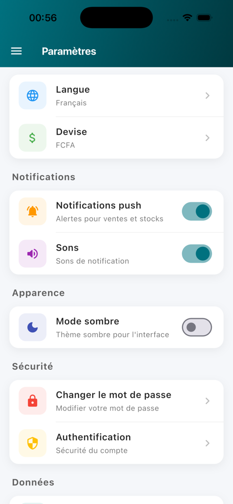 Maquis - Maquis app settings page showing options for language currency and notification alerts