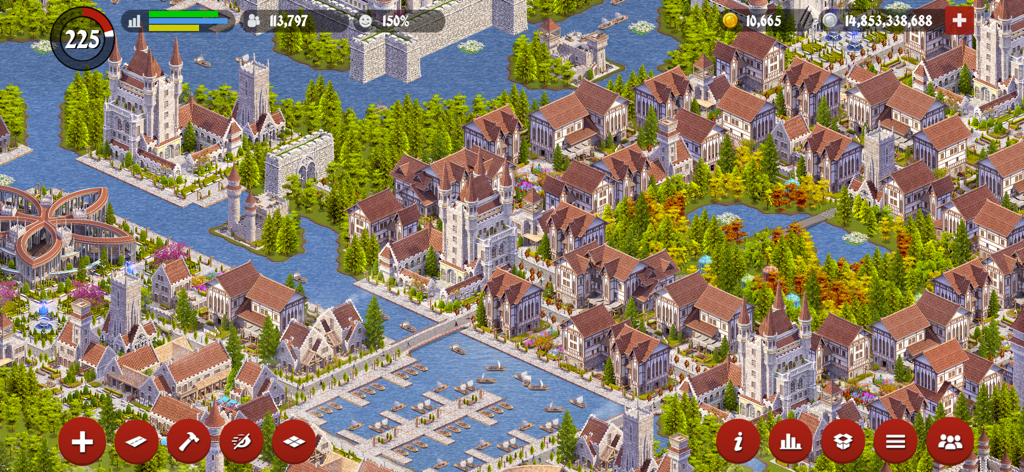 Designer City: Medieval Empire - A sprawling medieval kingdom with castles, timber-framed houses, and a large harbor in Designer City Medieval Empire.