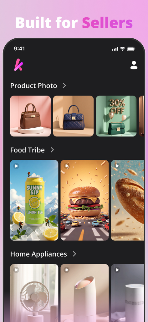 Kwik AI app interface showing various product templates for ecommerce sellers including fashion food and home appliances