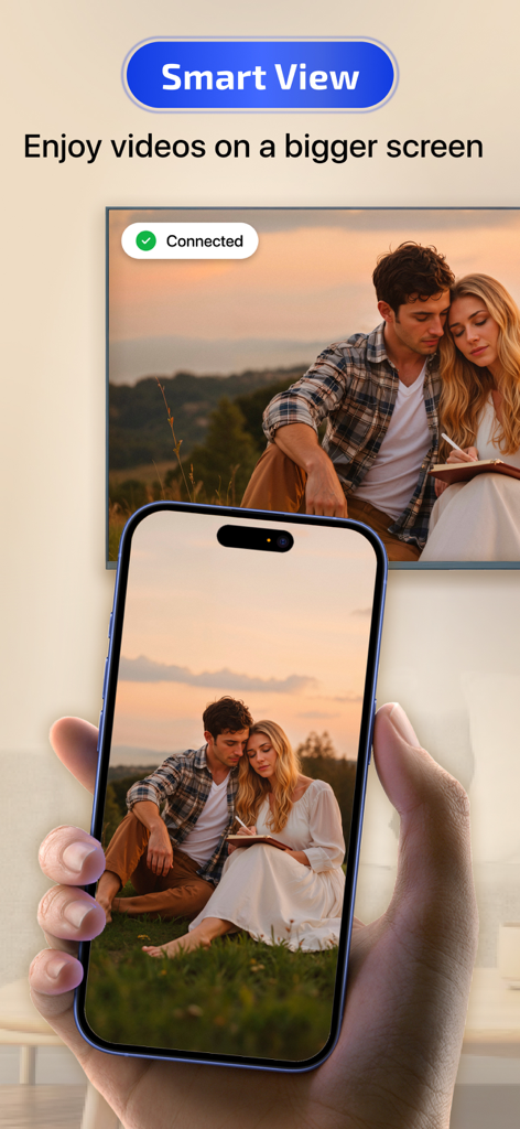 Una mano che tiene un iPhone che esegue il mirroring di video di alta qualità su un grande schermo TV smart utilizzando l'app Smart View