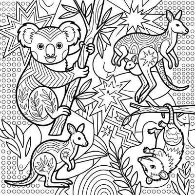 Explore the vibrant world of marsupials through a unique Pop Art lens. This dynamic coloring page features koalas, kangaroos, and opossums, all brought to life with bold lines and striking patterns, ready for your creative touch.