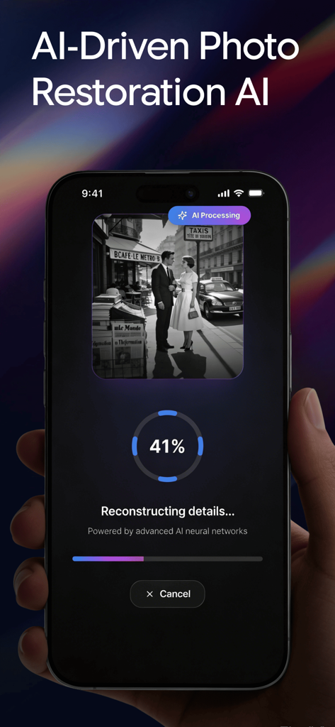 Rehancer AI - AI Photo - iPhone displaying Rehancer AI app restoring a vintage black and white photo with a progress indicator