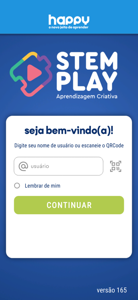 STEM Play - Letramento Digital - Tela de login para o aplicativo educacional STEM Play com opções de nome de usuário e código QR