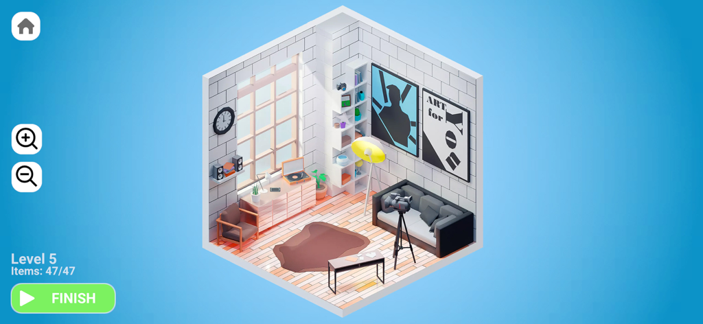 Interior Designer - Decor Life - インテリアデザイナー デコライフゲームで飾られたモダンなスタジオルームのアイソメトリックビュー、黒いソファとレコードプレーヤー付き