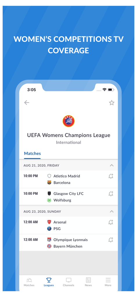 Live Soccer TV: Scores & Stats - Live Soccer TVアプリのインターフェース。UEFA女子チャンピオンズリーグの試合スケジュールが表示されています。
