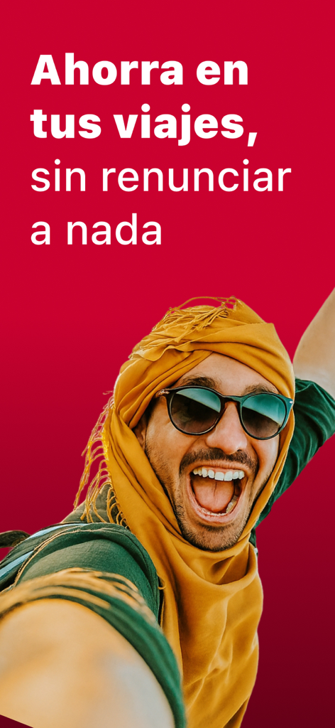 Viajante sorridente com lenço na cabeça em um fundo vermelho promovendo economias em viagens