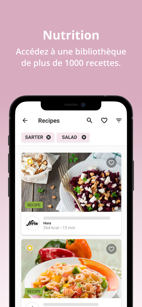Hora - Hora mobile app showing a library of over 1000 healthy recipes