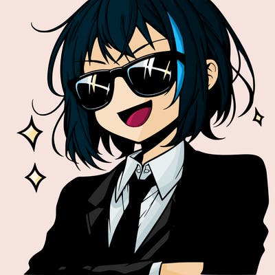 anime girl with sunglasses making a grin in a suit and tie