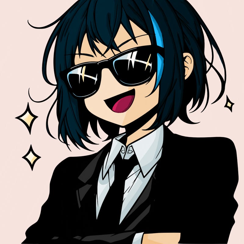 anime girl with sunglasses making a grin in a suit and tie