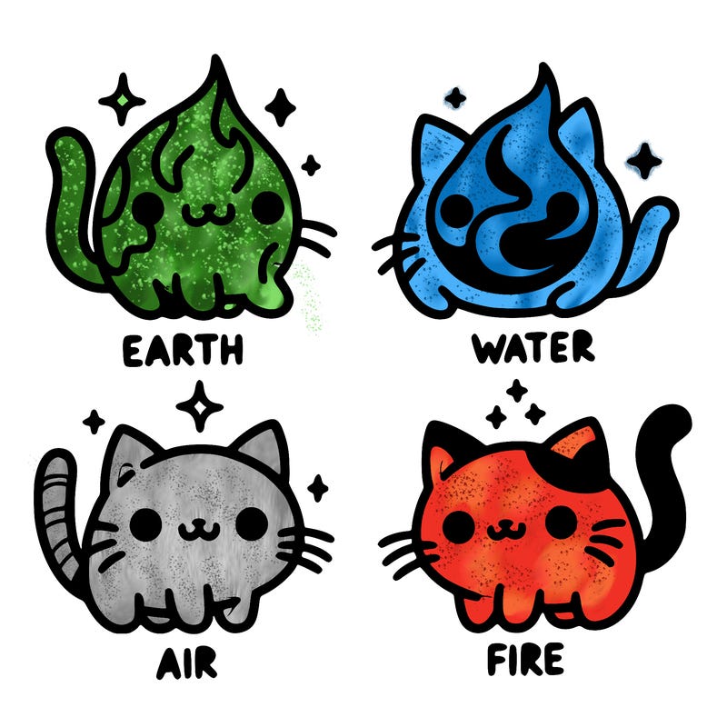 4 cats that represent the different elements, earth, water, air, and fire