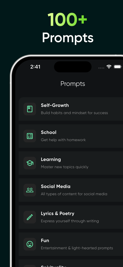 Bernard AI - Genius ChatLLM - Bernard AI app interface displaying a list of smart prompt categories for productivity and creativity