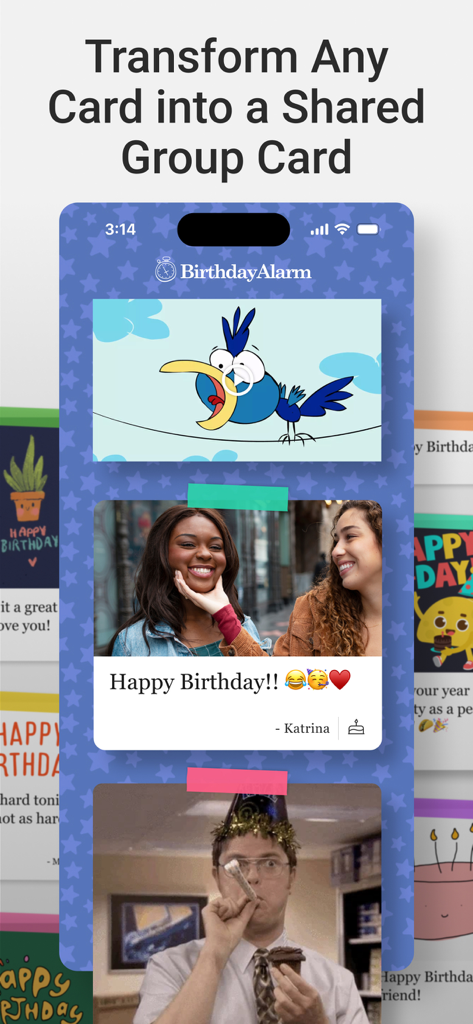 BirthdayAlarm: Reminders Cards - Shared group card interface in the BirthdayAlarm app showing personalized photos and birthday messages