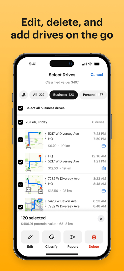 MileIQ: Mileage Tracker & Log - Interface of MileIQ app showing the feature to edit, delete, and add business drives with a potential reimbursement value summary.