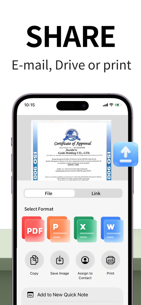 Interface of Scanner Pro app showing document sharing and file format selection options including PDF and Word.
