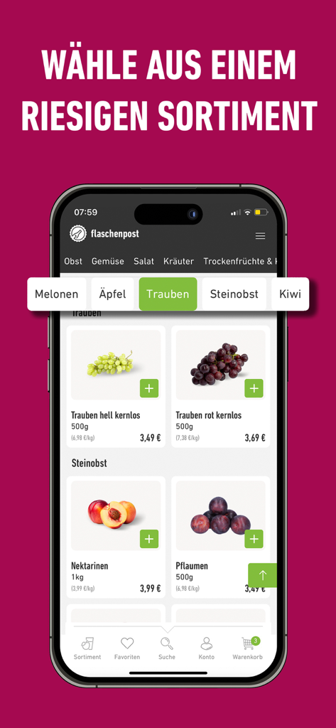 flaschenpost: Online einkaufen - オンライン食料品配達用のさまざまな新鮮な果物を示すFlaschenpostモバイルアプリ画面