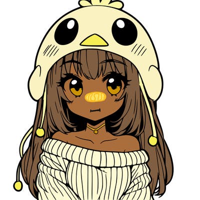 anime girl with chick shaped hat with sweater with bare shoulders with bangs covering them one eye with low tail