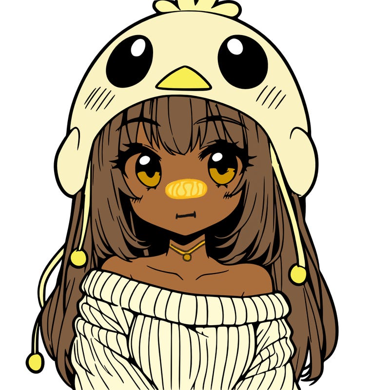 anime girl with chick shaped hat with sweater with bare shoulders with bangs covering them one eye with low tail