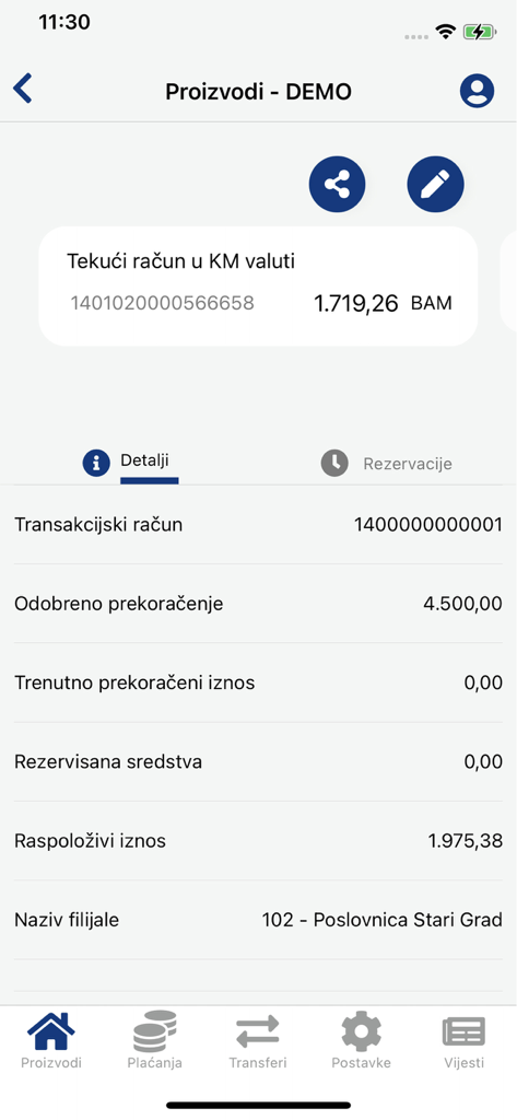 Interface de banque mobile ASA Banka affichant les détails du compte courant et le solde en BAM.