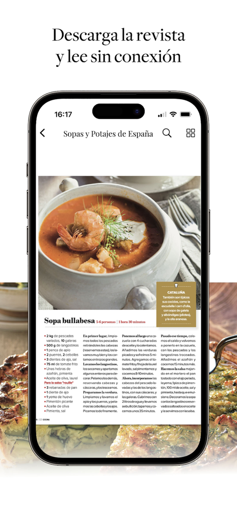 Pantalla de smartphone mostrando una receta de Sopa Bullabesa en la revista Lecturas Cocina