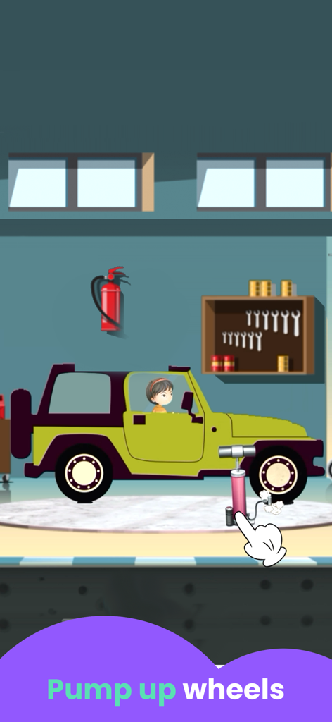 A child character pumping up the wheels of a yellow SUV in a virtual garage