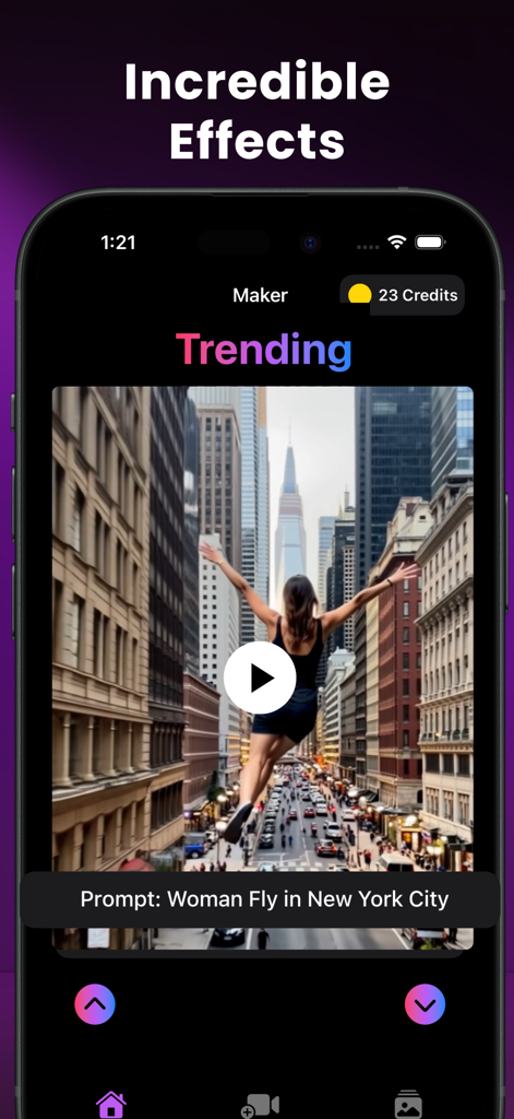Maker-App-Oberfläche, die ein trendiges KI-Video einer Frau zeigt, die basierend auf einer Textanfrage in New York City fliegt