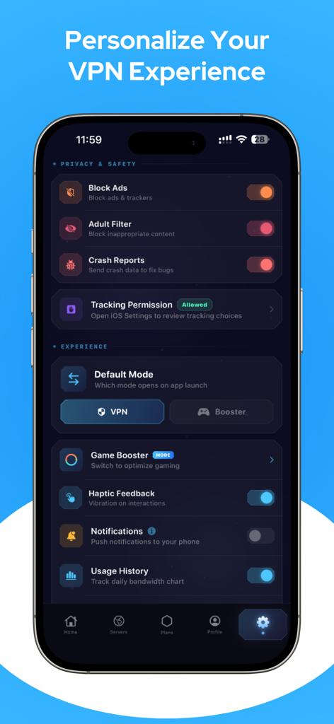 Gamer VPN: Proxy, Game Booster - Settings screen of Gamer VPN app showing privacy and gaming experience customization options