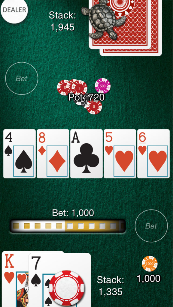 Heads Up: Hold'em  (1-on-1 Poker) - Screenshot of a 1-on-1 Texas Hold'em poker match in Heads Up Hold'em showing community cards, player hand, and betting interface on a green felt table