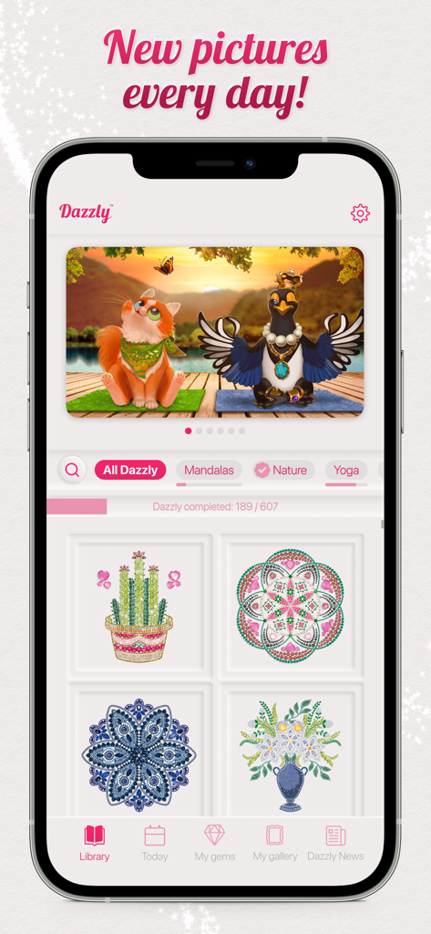 Dazzly: Color by Number Game - Dazzly app interface showing various diamond art coloring pages and categories