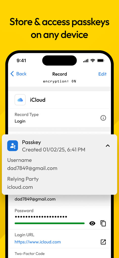 Keeper Password Manager - Interfaccia dell'app Keeper Password Manager che mostra la memorizzazione delle passkey per iCloud