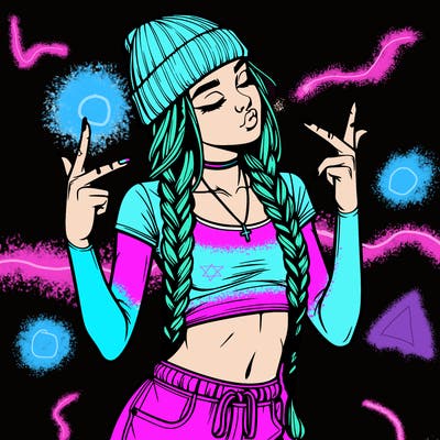 realistic teenage girl with braids and a beanie and crop top doing 🫶🏼