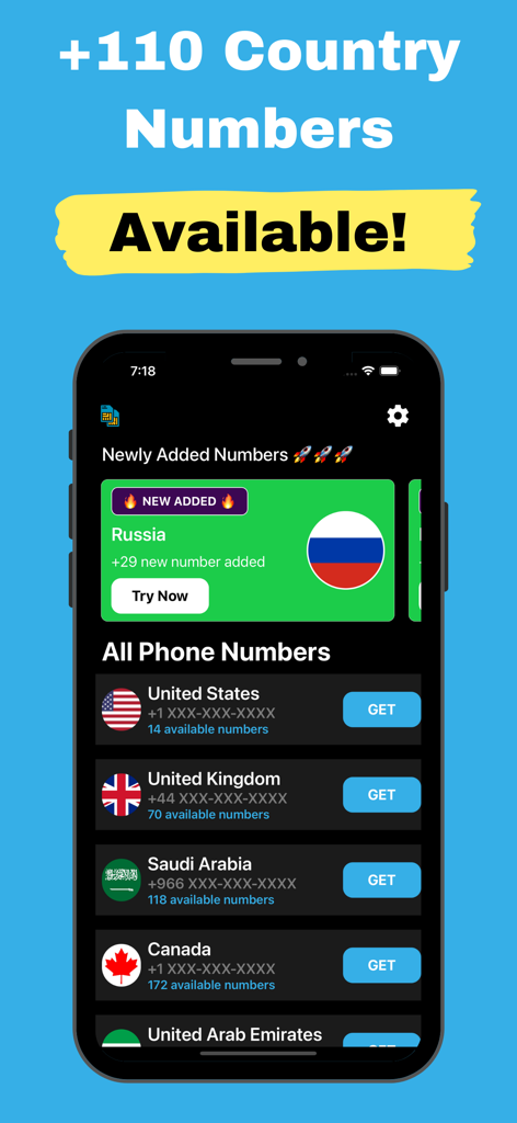 Virtual Number for Telegram ' - 미국 및 영국을 포함한 110개국 이상의 가상 전화번호 목록을 보여주는 모바일 앱 인터페이스