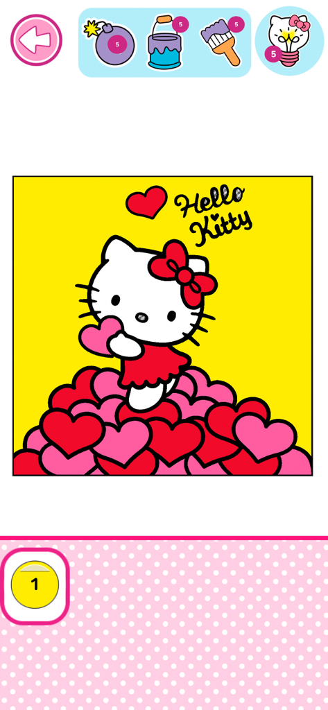 Hello Kitty: Coloring Book - 번호별 색칠 게임 인터페이스에서 하트 더미 위에 서 있는 헬로 키티