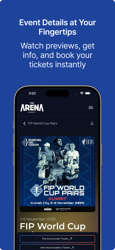 The Arena Kuwait - La interfaz de la aplicación móvil The Arena Kuwait que muestra detalles y reserva de entradas para el evento FIP World Cup Pairs.