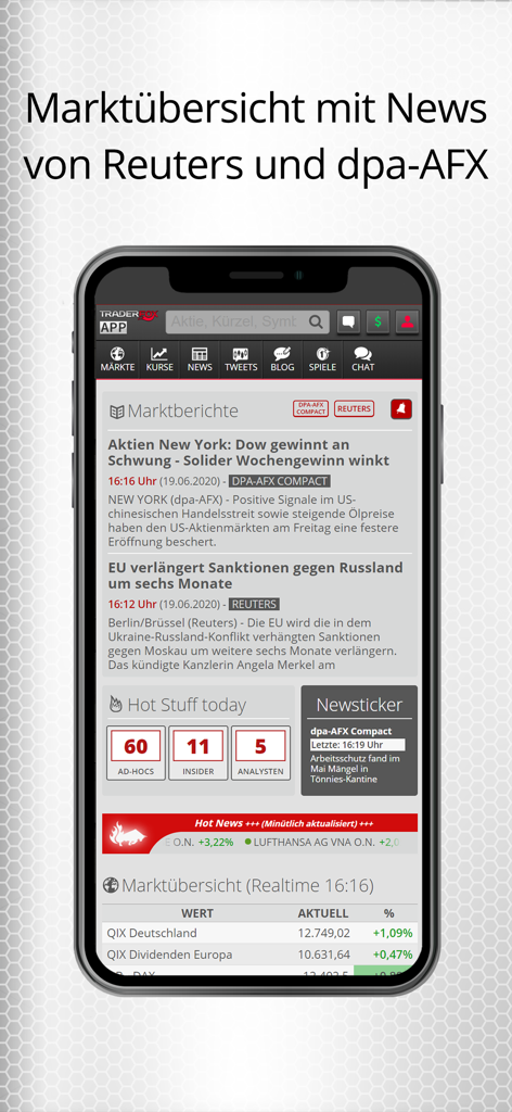 TraderFox - La aplicación móvil TraderFox muestra noticias financieras en tiempo real de Reuters y dpa-AFX en la pantalla de un iPhone