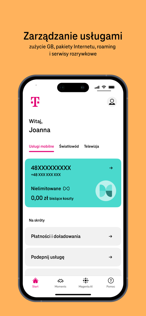 Dashboard of the Moj T-Mobile app showing service management for mobile fiber and TV